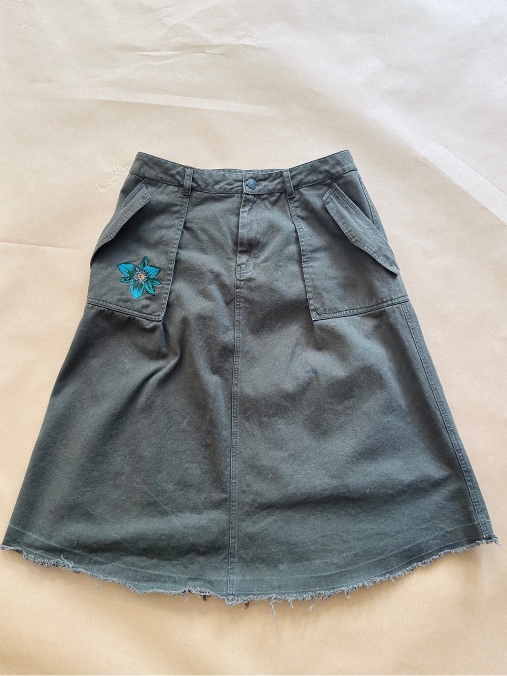 Zara Olive Green A-Line Skirt with Teal Embroidered Flower